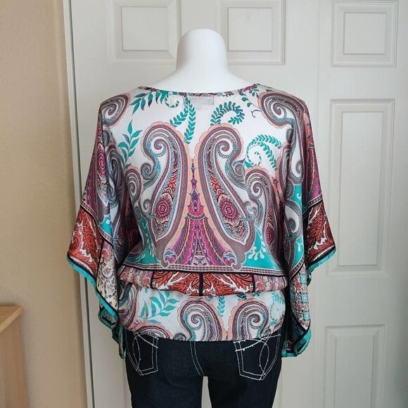 Karen Kane paisley boho 100% silk caftan blouse sz L - Picture 6 of 10
